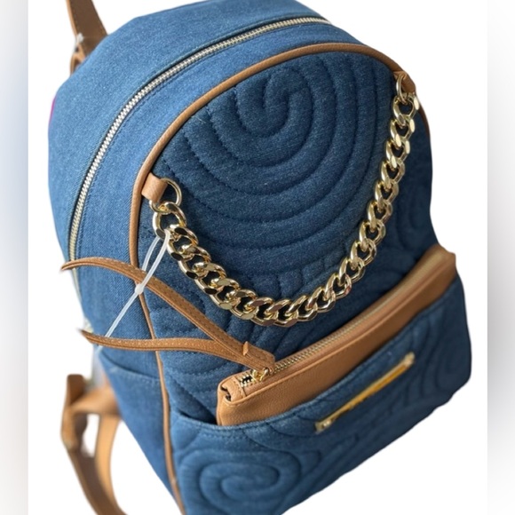 Betsy Johnson NWT Denim Blue Quilted Backpack with Small  Brown Purse (P034) - Picture 3 of 16